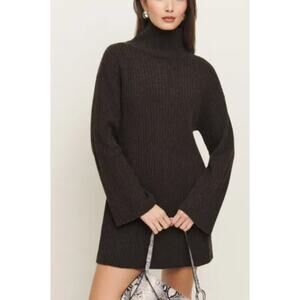 New Reformation Ozzy Regenerative Wool Sweater Dress, Espresso, Size XS